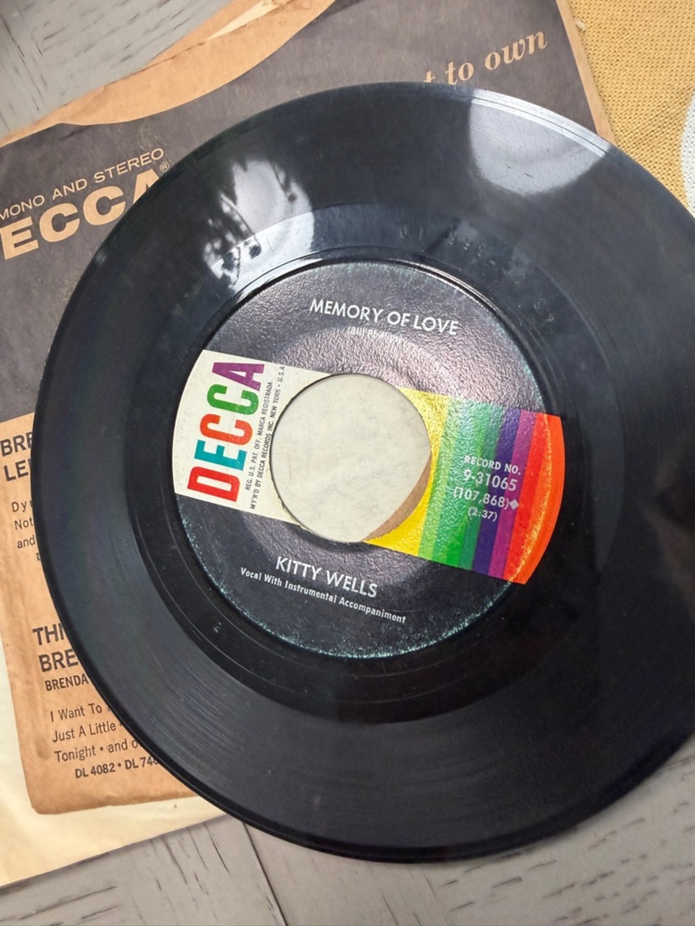 Decca Black Vinyl 45 RPM Record - Kitty Wells 'Memory of Love'
